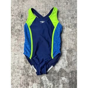 Speedo Youth Girls Size XS 4/5 One Piece Navy/Green Stretch Swimsuit